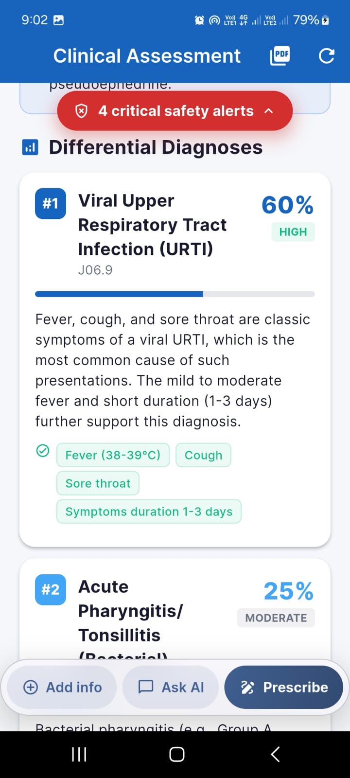 Ranked differential diagnoses with ICD codes and confidence